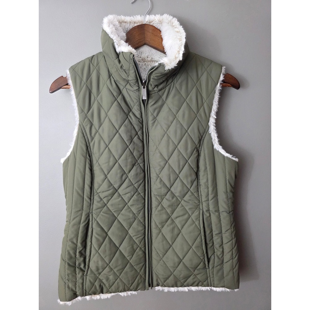 Weatherproof Womens Olive Green Quilted Faux Fur Lined Puffer Vest Small